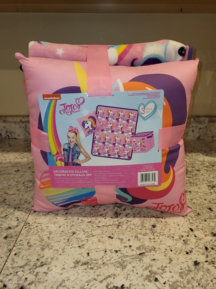 New jojo siwa 3 piece set pillow blanket and storage bin for