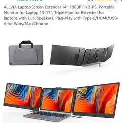ALLVIA Laptop Screen Extender 14” 1080P FHD IPS, Portable Monitor for Laptop 13-17”, Triple Monitor Extended for laptops with Dual Speakers, Plug-Play
