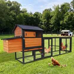 brown+black Wooden Chicken Coop, Large Outdoor Hen House with Run and Nesting Box Poultry Cage, Rabbit Hutch, Waterproof Anti-UV Panel for Backyard
