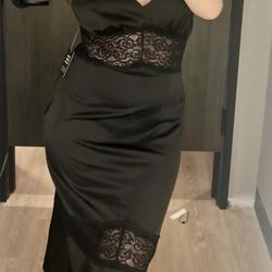 V-Neck Lace Pieced Midi Slip Dress L