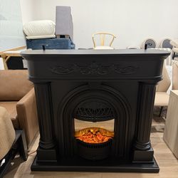 Electric Fireplace with Mantel, 51 Inch Solid Wood TV Stand with Fireplace, Roman Column Design for Entryway Decor, Bedroom, Black, without remote con