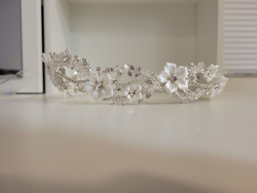 Bridal Floral Head Band, Swarovski Flexible Headpiece For Bride, Silver