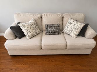 Beige 3-Seat Sofa with Throw Pillows