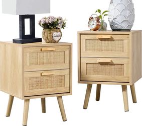 C290 $65  Nightstands Set of 2, Night Stands Set 2 with Hand Made Rattan Decorated Drawers, Nightstand, End Table, Bedside Tables Set of 2 for Bedroom