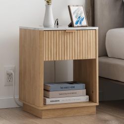 FavourLife Fluted Nightstand with Charging Station, 18" Side Table with Faux Stone Color Top, Mid Century Modern Night Stand Bedside Table with Drawer
