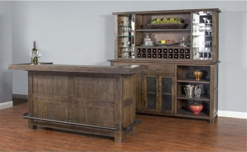 Rustic Home Bar Set with Hutch & Stools β Excellent Condition