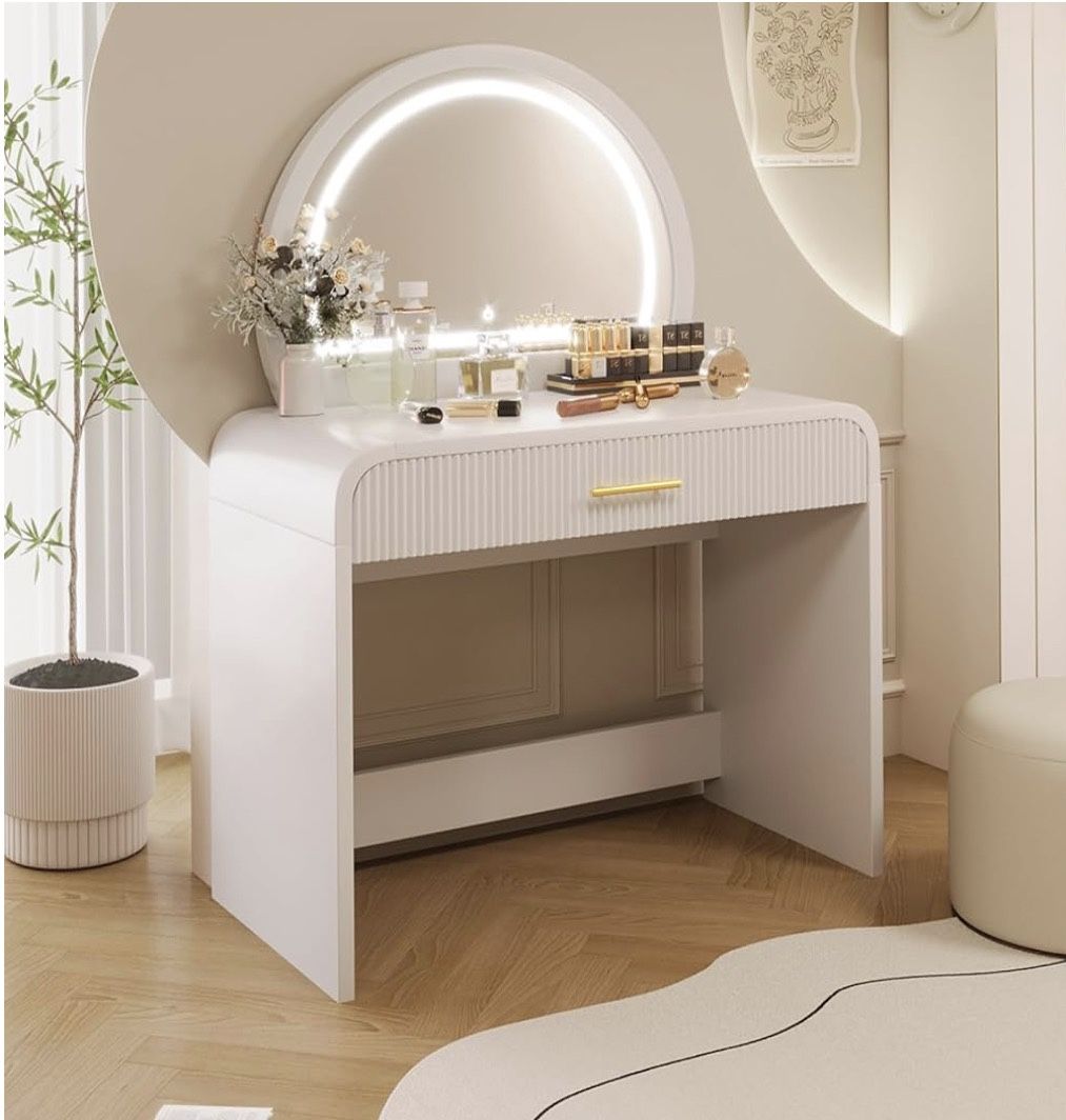39" Wide White Curved Edge Vanity / Writing Desk w/ Drawer [LED MIRROR NOT INCLUDED]  **NEW** <Retails for $300>