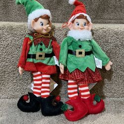 Lot of 2  Elf Ornaments Figurines Boy & Girl Bendable Arm Knees 9" NEW