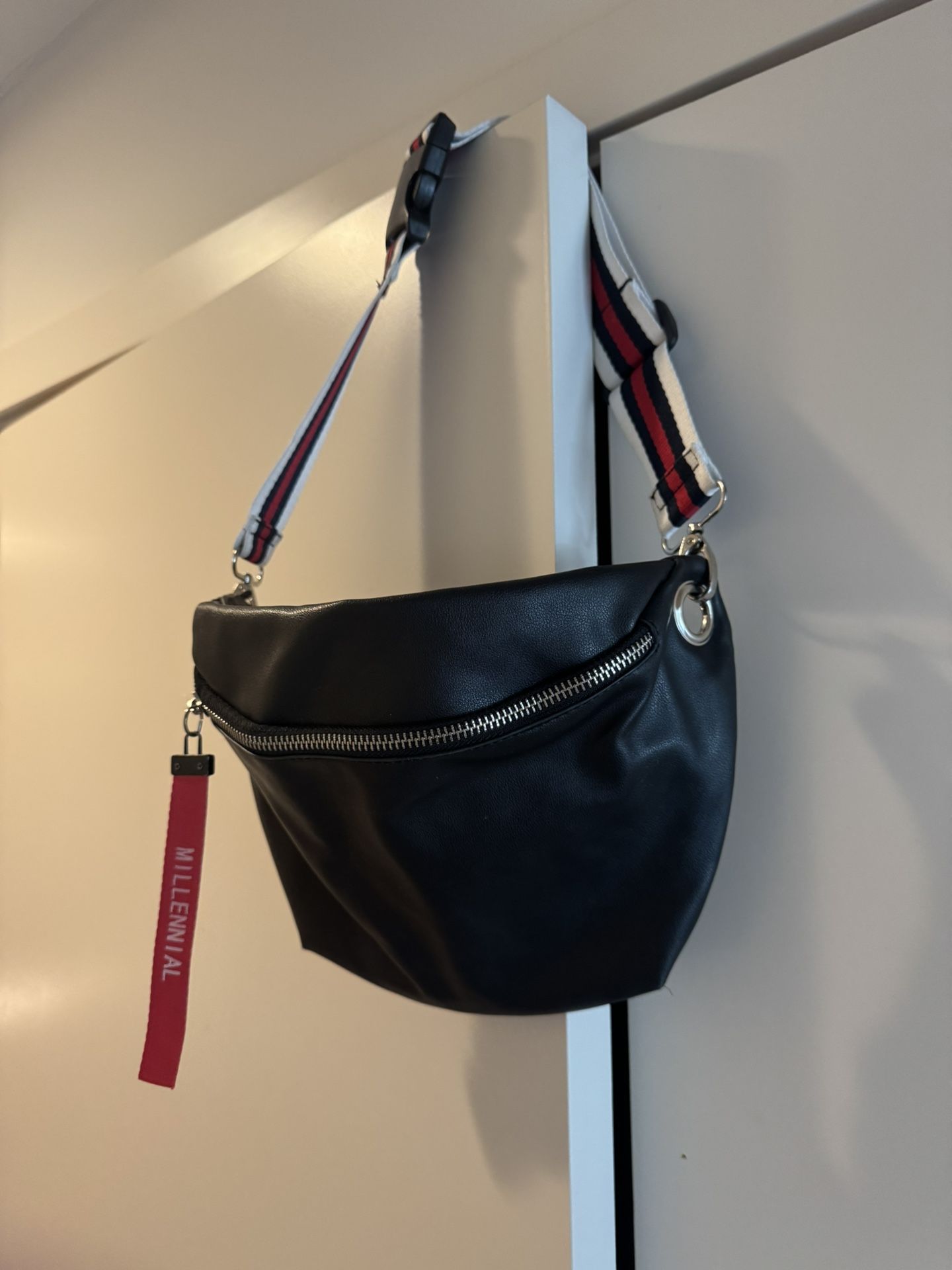 Black Leather Large Fanny Pack / Shoulder Bag