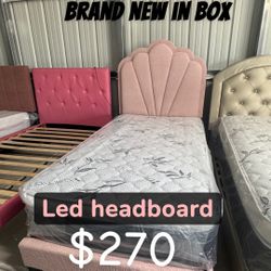 LED HEADBOARD/ Brand New In Box Twin Bed Frame Plus Mattress 