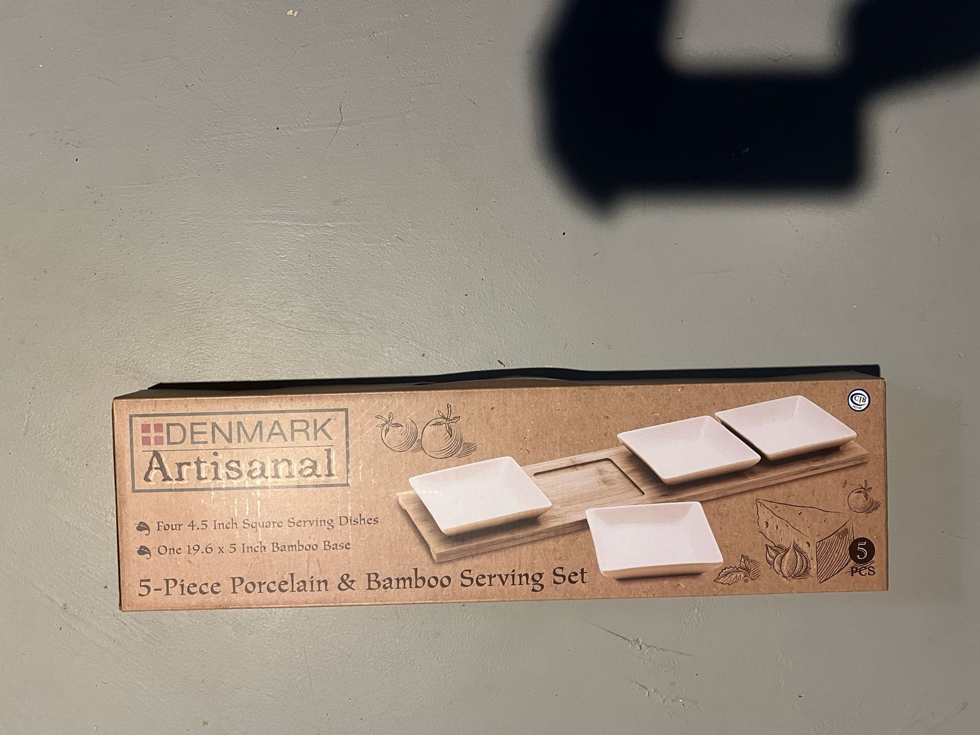 Denmark artisanal 5 piece porcelain and bamboo serving set