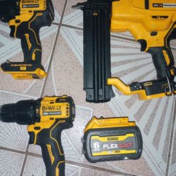 DeWalt 20 V 18 G Brad Nailer. 2 Hammer Drills And 20/60 V. 6,H Flexvolt Battery(No Charger)