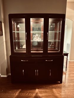 Dark Wood China Cabinet with Lighted Display