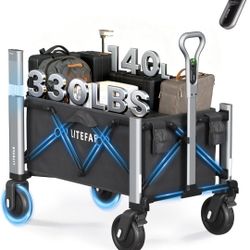LITEFAR Orion Remote Controlled Electric Collapsible Wagon,140L/330LBS Foldable Cart with 7.5' All Terrain Wheels Brakes 7.5 Miles Battery Life,Portab