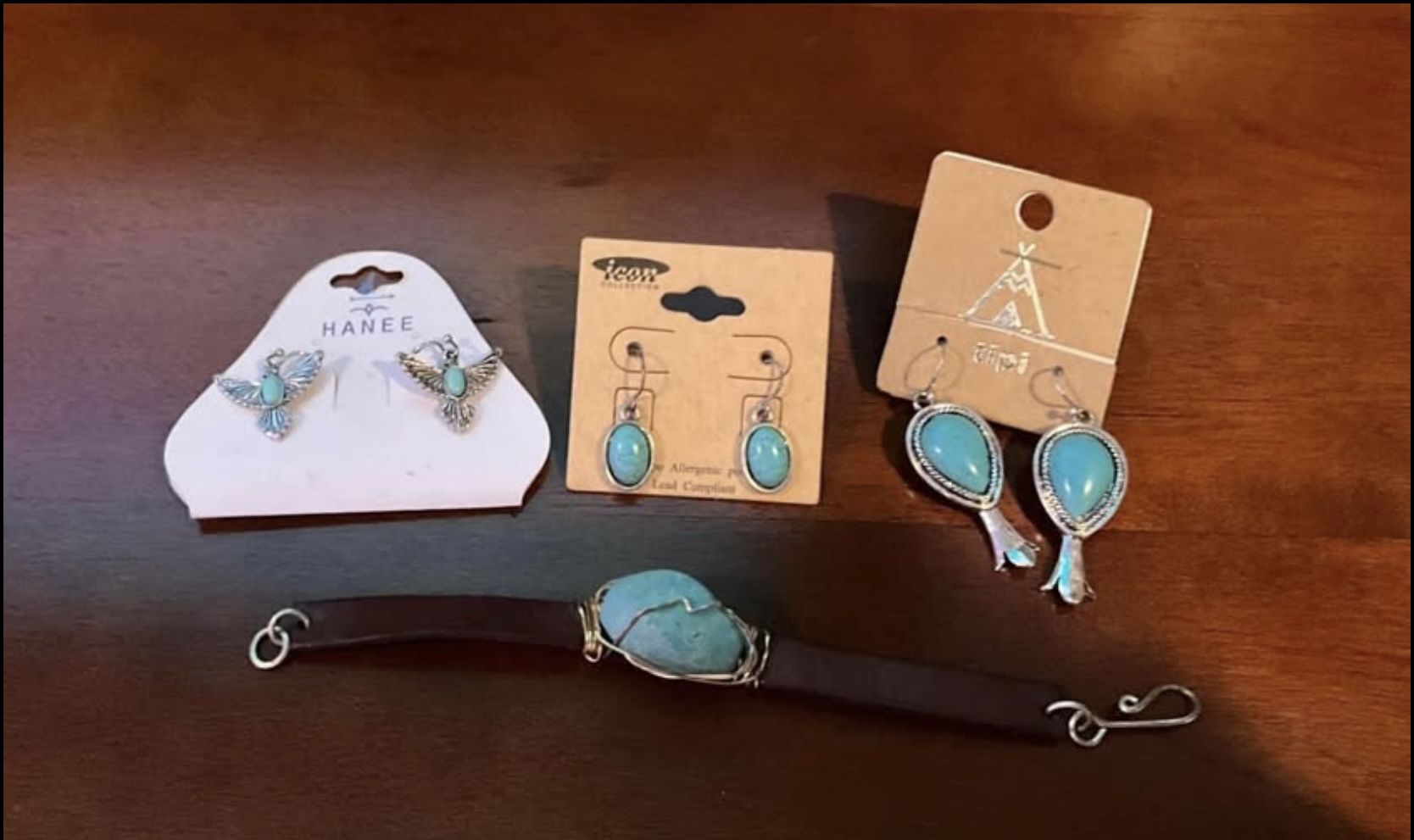3 set Turquoise Earrings & Turquoise Leather Wristband