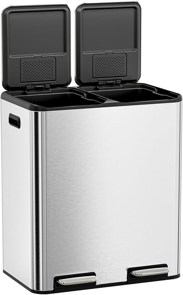 Kitchen Dual Trash Can, 60L Hands-Free Stainless Steel Garbage Can, Classified Rubbish Bin with Double Compartments, Soft-Close Lid, Inner Bucket, Odo