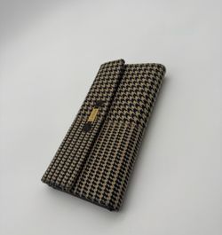 Lauren Ralph Lauren Houndstooth Plaid Clutch Wallet Brown Black Vintage Style