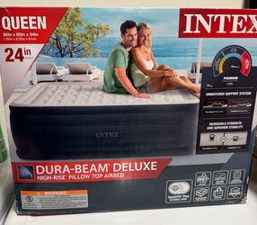 Intex Dura-Beam Deluxe Queen Air Mattress with Built-in Electric Pump. 60” × 80” × 24” high