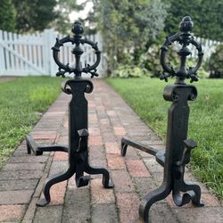 Antique Cast Iron Andirons / Firedogs – Ornate Victorian Pair