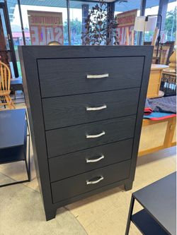 Black 5-Drawer Chest featuring modern silver-toned hardware accents and a textured black finish - 32” x 16” x 48”