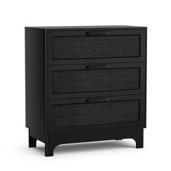 Wood Accent Table w/ 2 Rattan Drawers, Black Side Table for Bedroom/Living