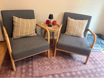 W Modern Gray Wood Frame Cotton And Linen Upholstered Accent Armchair