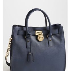 Navy Blue Michael Kors Hamilton East West Leather Satchel