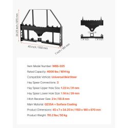 VEVOR Skid Steer Pallet Fork Frame, 4000 lbs Rated Capacity, 45-inch Pallet Fork Frame Attachments with 2-inch Hitch Receiver & Spear Sleeves, Fit for