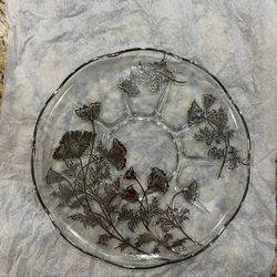 Vintage Floral Sterling Silver Overlay on Clear Glass Collectible Plate
