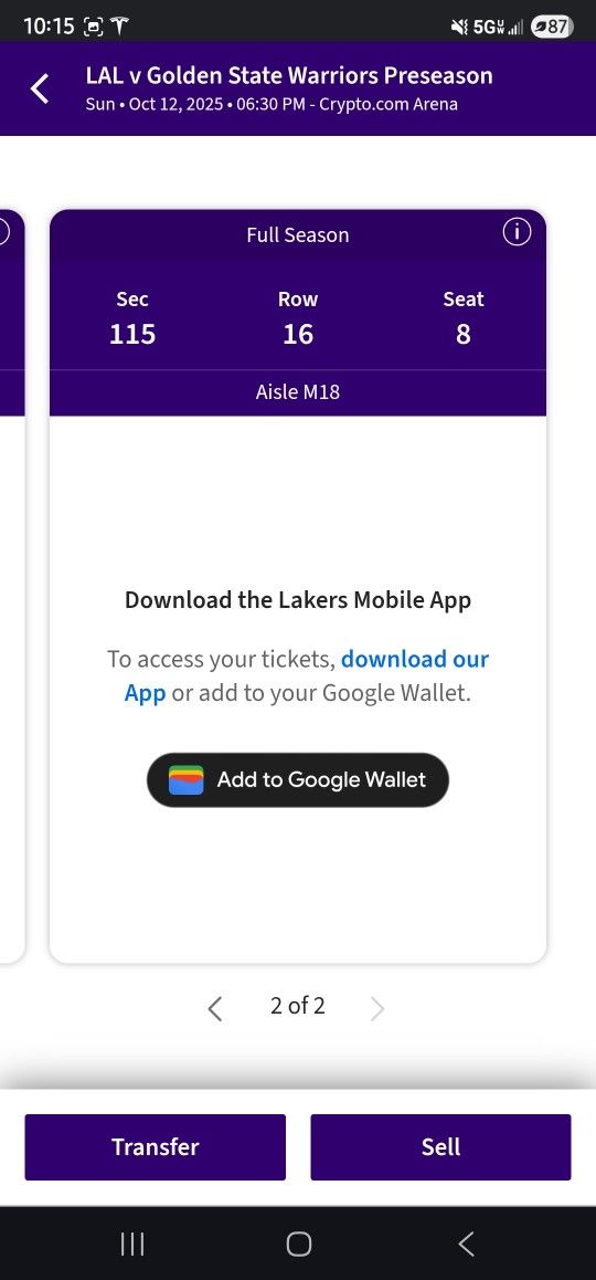 LAKERS VS. WARRIORS - SECT 115 - PRESEASON - $200 EA