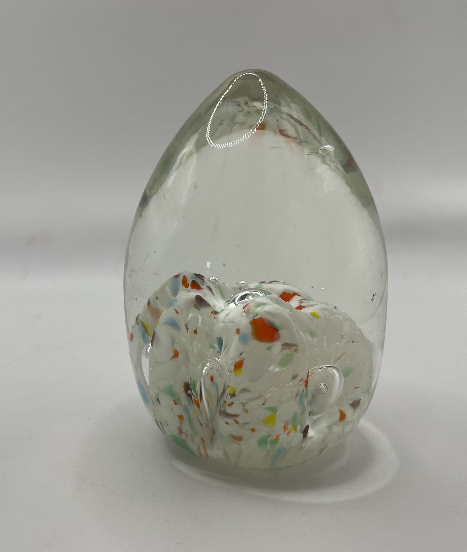 Murano style art glass egg shaped paperweight with multicolor lava & bubbles