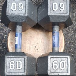 NEW  PAIR OF  60  POUND  HEX  STEEL  DUMBBELLS 