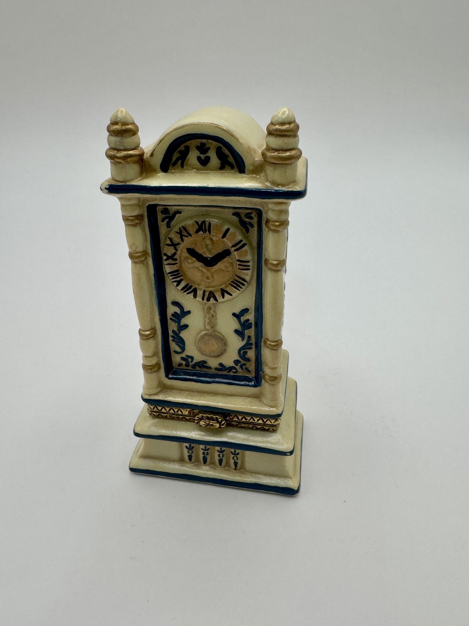 Vintage Limoges France Style Porcelain Grandfather Clock Trinket Box