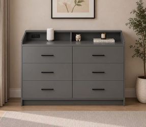 NEW Gray 6-Drawer Dresser with LED Lights & Charging Station