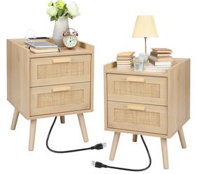 Finnhomy Rattan Nightstand with Charging Station, Set of 2