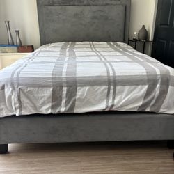 Modern Gray Upholstered Bed Frame / And Night Stand- Like New 