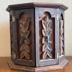 1970's Carved Octagonal Wooden Jewelry Box, Made in Mexico
