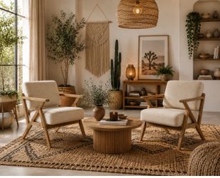 Set of 2 Mid Century Modern Beige Accent Chairs – Boho Scandinavian Wood Frame Lounge Armchairs