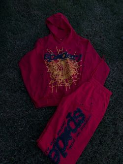 Sp5der Red Hoodie and Sweatpants Set, Large hoodue Mediym pants