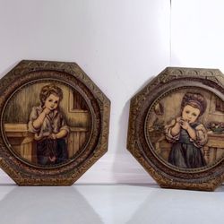 Vintage Artini Hand-Painted 3D Sculptured Engravings – Matching Wall Plaque Set 