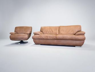 Modern Italian Tan Leather Sofa & Swivel Chair Set