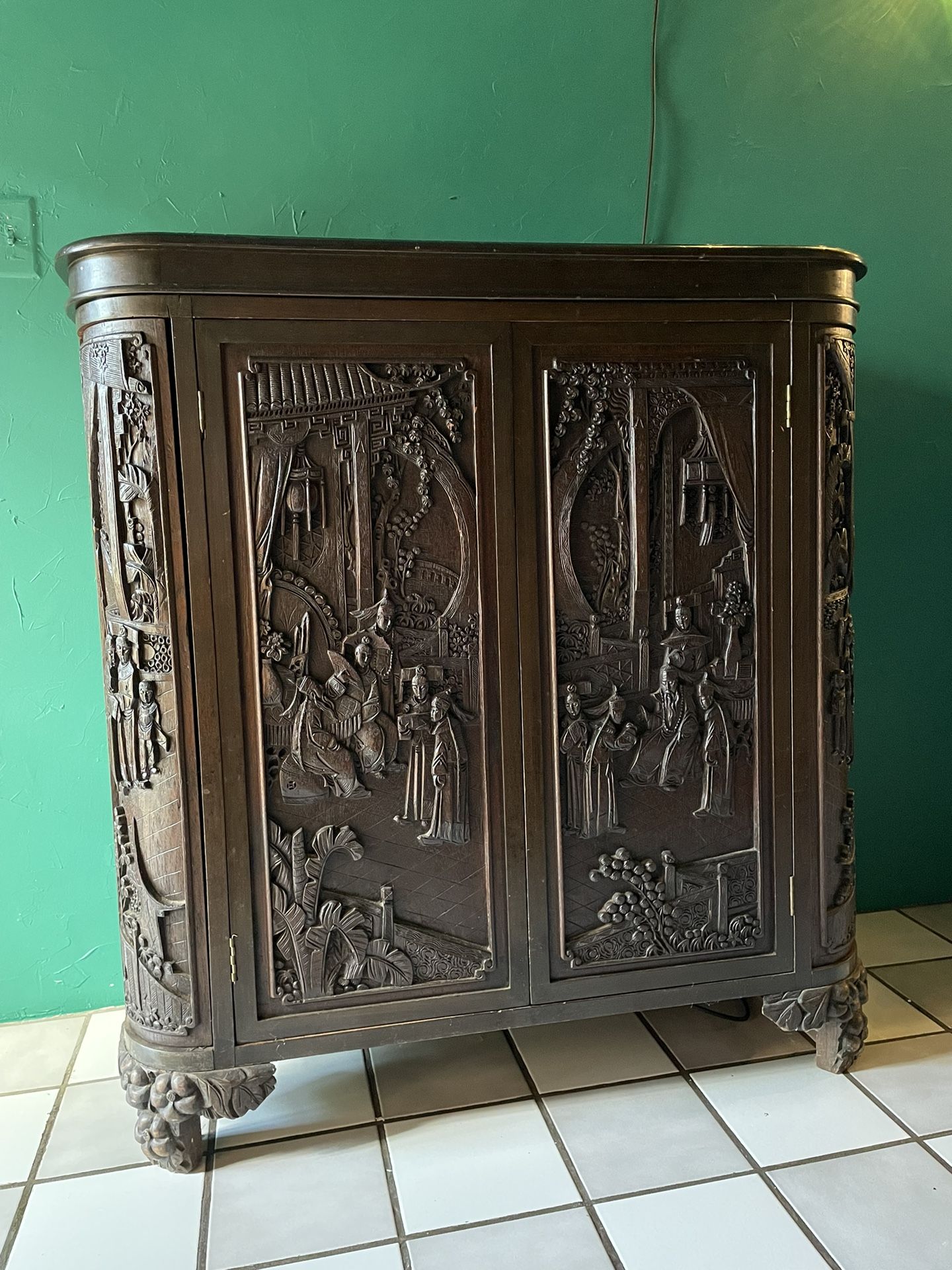 George Zee Mid Century Asian Hand Carved Teak Flip Top Dry Bar Cabinet 