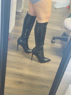 Black Patent Knee-High Heeled Boots