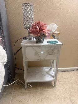 White Marble-Print Nightstand with Drawer