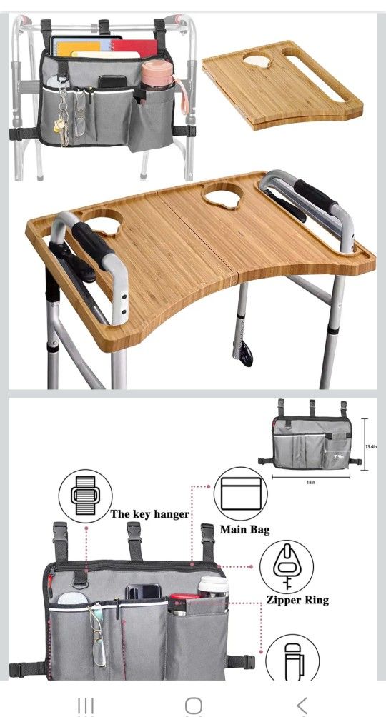 Bamboo tray with bag for walker