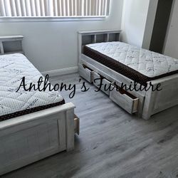 2 Twin Bed & 2 Bamboo Mattresses + Drawers 