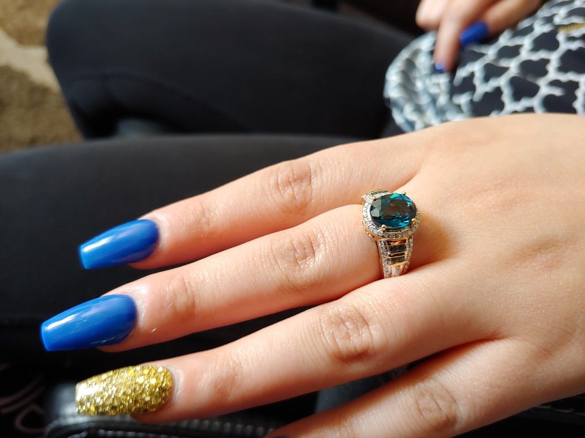 14K Diamond Ring With Blue Stones