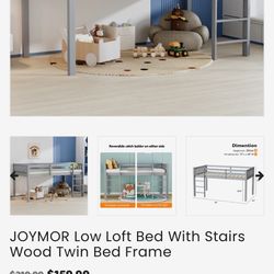 JOYMOOR Low Loft Wood Twin Bed With Stairs