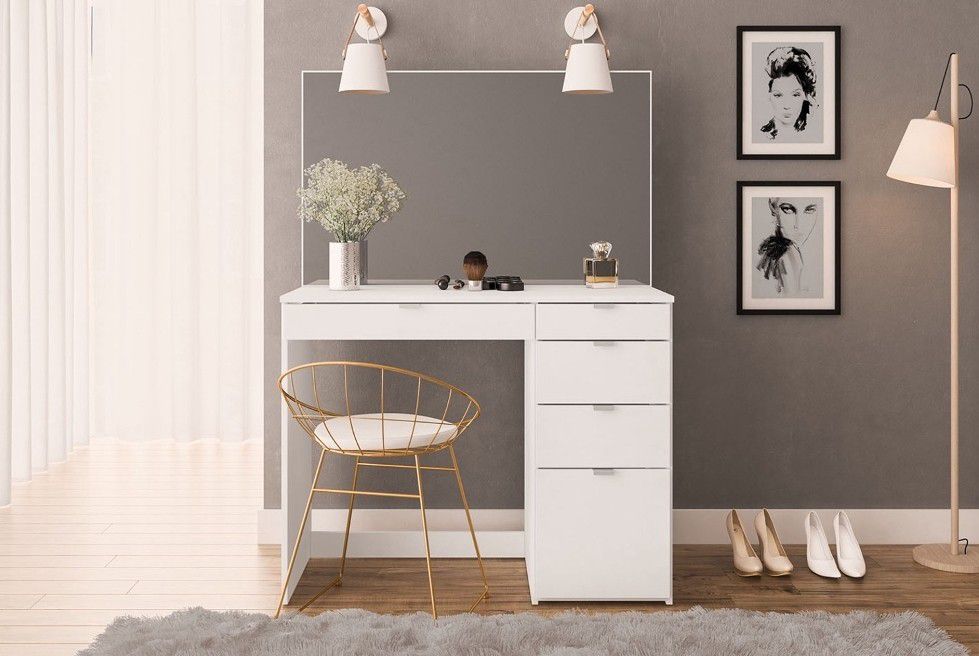 Classic White Vanity Table with Full Mirror and 5 Drawers for Bedroom