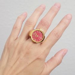 Gold Red Rhinestones Women's Finger Ring Watch Gift